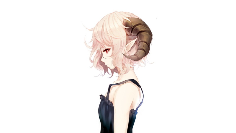 bare, original, horns, simple, monster, hair, pink, white, background, paseri, characters, anime, shading, profile, pointy, girls, bangs, short, black