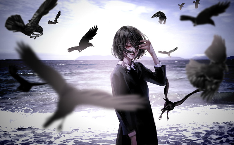 long sleeves, hair in face, 2D, bangs, ocean view, short hair, raven, Misaki Mei, pale, anime girls, hands in hair, fan art, black hair, eye patch, Another