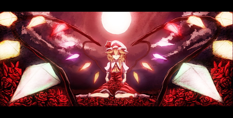 outdoors, bangs, flowers, ribbons, illustrat, hair, vampires, flandre, ornaments, glowing, skies, touhou, clouds, dress, full, anime, 1080P, soft, girls