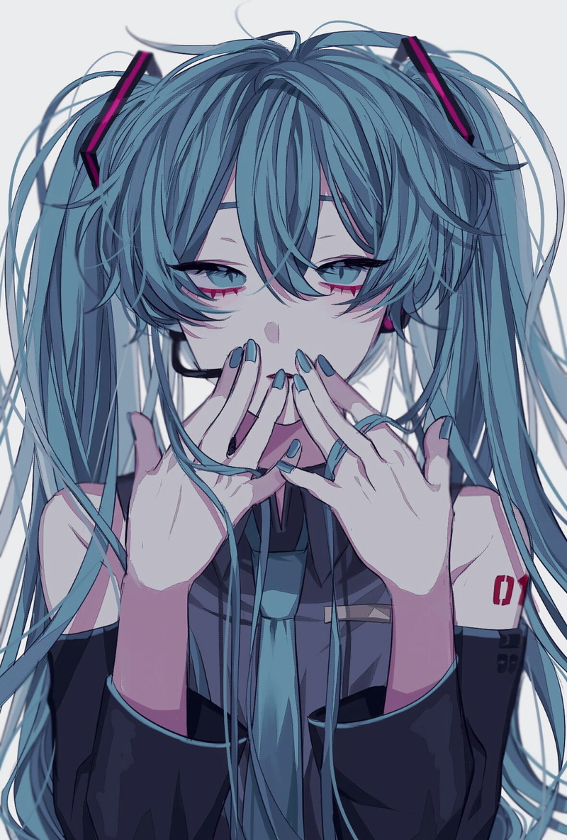 hair in face, vertical, covering mouth, fan art, 2D, solo, anime, twintails, gray background, inked girls, depth of field, necktie, looking at viewer, Hatsune Miku