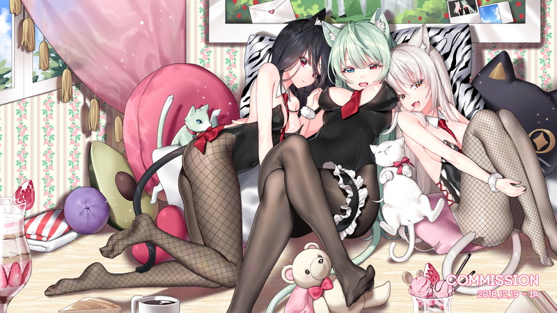 thick thigh, animal ears, 4K, cleavage, cat girl, bunny suit, in bed, thigh-highs, lying down