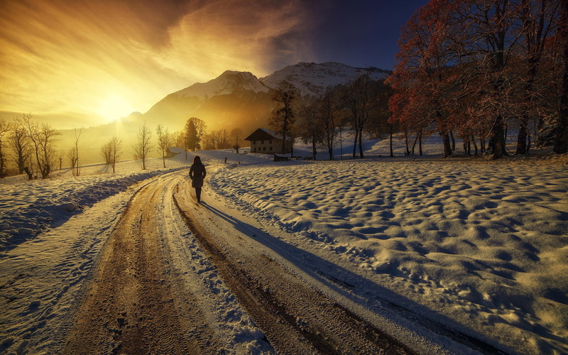Thick, Girl, Sunrise, Road, Houses, 1080P, Winter, Mountains, Snow