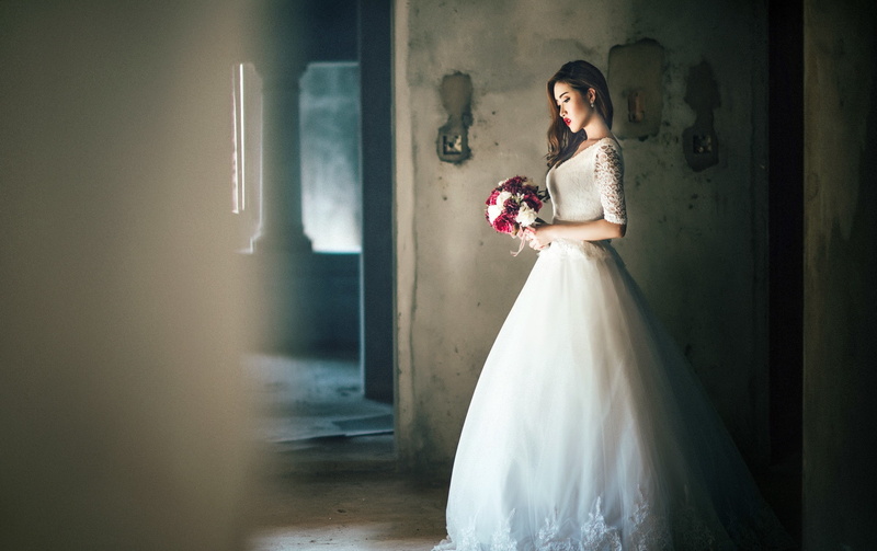 brides, 1080P, standing, women, Asian, wedding dress, flowers