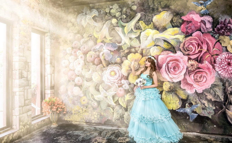 bouquets, Asian, standing, graffiti, blue dress, brides, wreaths, 1080P, flowers, women, wedding dress