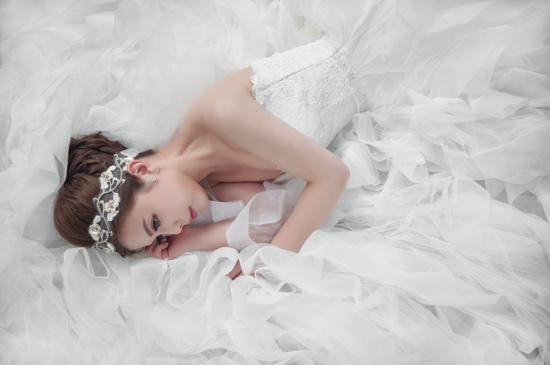women, wedding dress, white, model, brides, 1080P, dress, brunette, Asian, bare shoulders