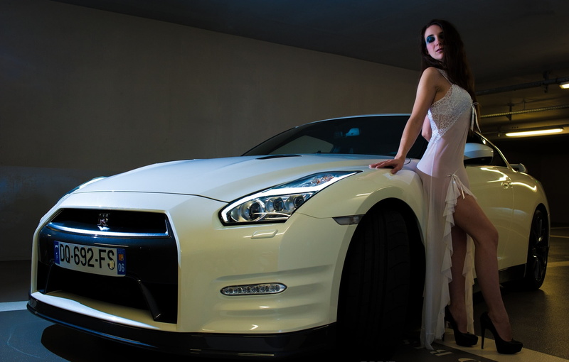 shoes, girl, one person, nissan, three quarter length, car, gt, full length, young adult, stationary, lifestyles, machine, Nissan GT-R, fashion, supercar