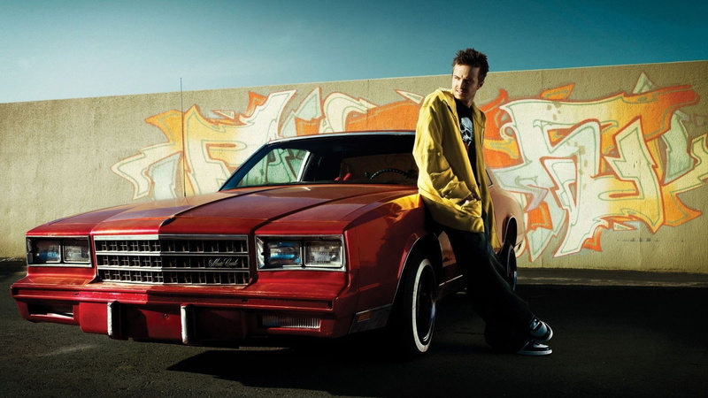 one person, full length, adult, mural, car, 1080P, men, mode of transportation, Aaron Paul, casual clothing, transportation, motor vehicle, red cars, young men
