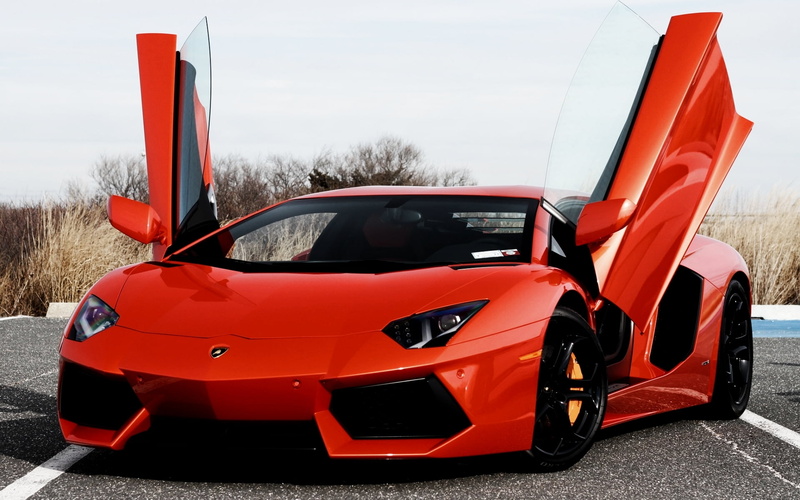 reflection, nature, transportation, sport, glass - material, LP700-4, land vehicle, orange, road, mode of transportation, tree, car, stationary, sky, Aventador
