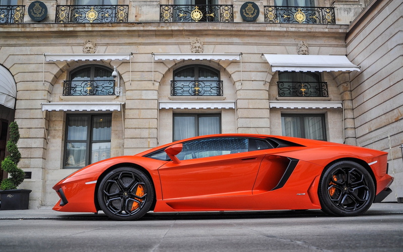 1080P, View, Orange, Lamborghini, Side, lp, aventador, Supercar, Buildings
