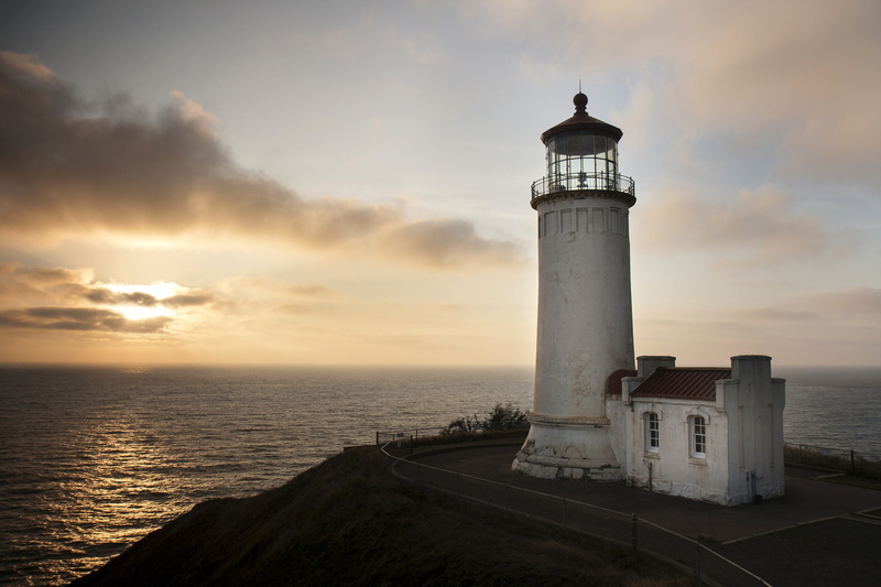 USA, Cape, 2K, light, dal, white, horizon, lighthouse, sea, Cape Disappointment lighthouse, tower, sunset, Washington