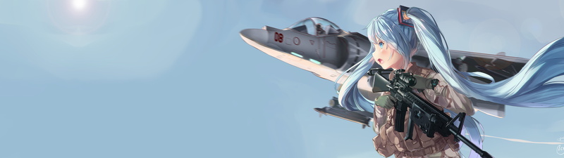 anime girls, Hatsune Miku, aircraft, assault rifle, anime, 4K, dual monitors, military, ultrawide, uniform, Harrier, Harrier Jump Jet, wide screen