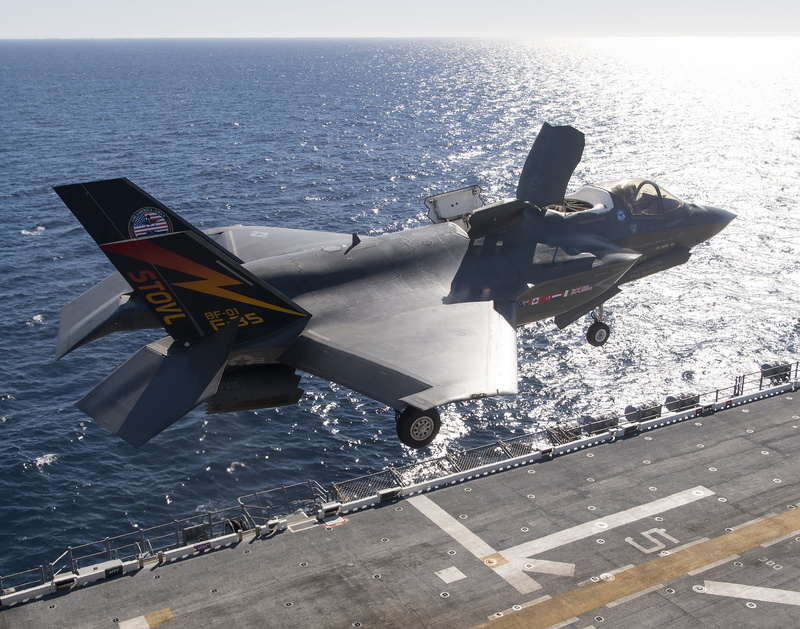 day, mid-air, F-35B Lightning II, military aircraft, horizon, motion, ship, 1080P, navy, airplane, aircraft, air vehicle, sky, water, military, nautical vessel