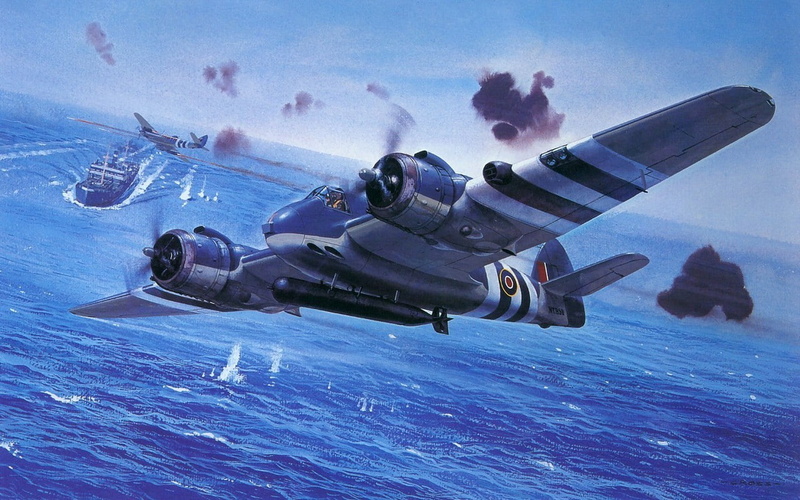 aggression, mid-air, flying, torpedo, Bristol Beaufighter, aircraft, airplane, sky, World War II, motion, blue, air vehicle, outdoors, mode of transportation