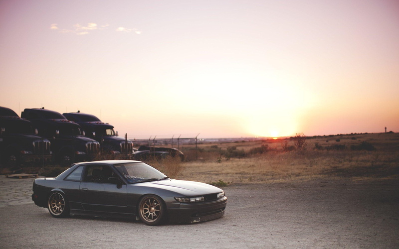 silvia, motor vehicle, land vehicle, land, s13, sunset, 2K, travel, sunlight, sky, vehicles, copy space, transportation, field, sun, nature, landscape