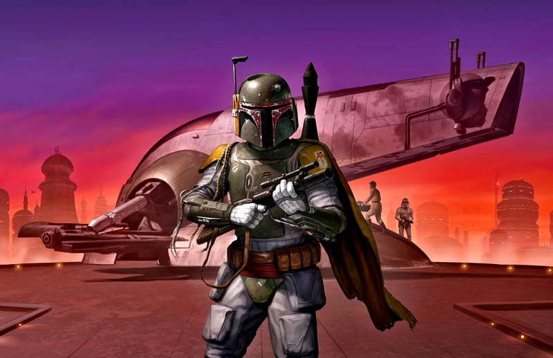 Boba Fett, science fiction, digital art, 2K, weapon, helmet, artwork, Bespin, Star Wars, spaceship