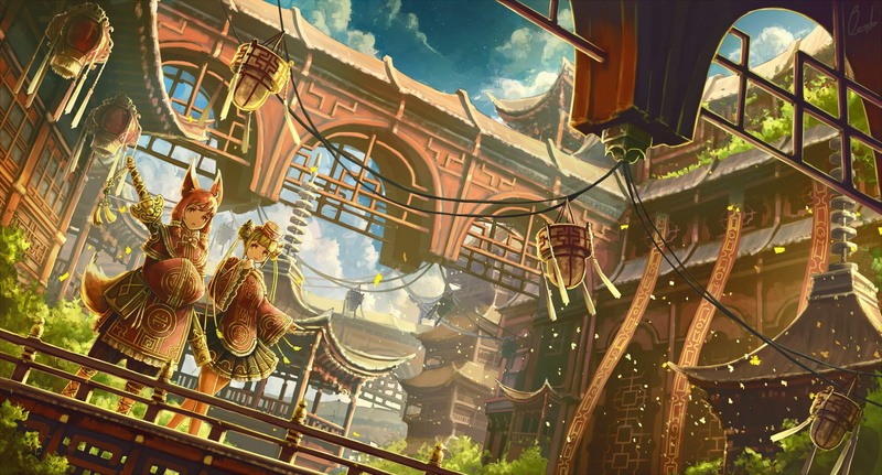 twintails, foxgirl, tail, girls, signed, sword, building, hat, fantasia, pixiv, 720P, original, hair, ears, animal, weapon, skirt, green, brown, eyes