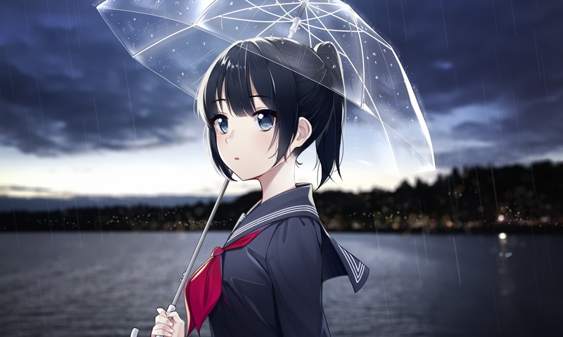 umbrella, security, anime girl, Anime, women, raining, beautiful woman, headshot, ponytail, sky, focus on foreground, one person, nature, black hair, looking at camera
