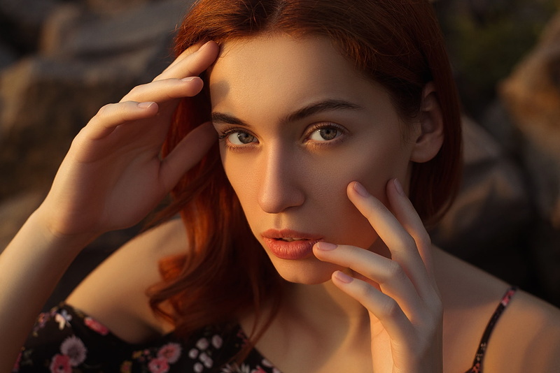 hands, redhead, 720P, looking at viewer, outdoors, Dima Begma, touching face, bokeh, model, women outdoors, face, women, portrait