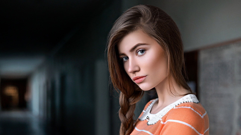 depth of field, women, face, model, braided hair, Victoria Rud, Dima Begma, looking at viewer, portrait, sweater, 1080P, braids, blue eyes, lipstick, brunette