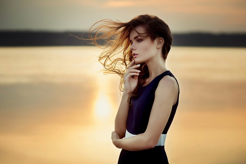 depth of field, long hair, women, model, looking away, dress, Ann Nevreva, windy, profile, auburn hair, 720P, Irina Regent