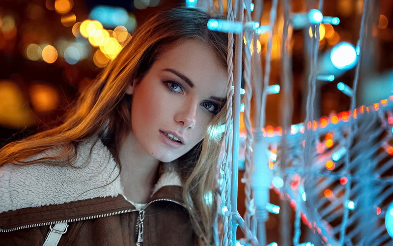 women, brown jacket, blonde, lights, jacket, 720P, model, Irina Regent, portrait, long hair