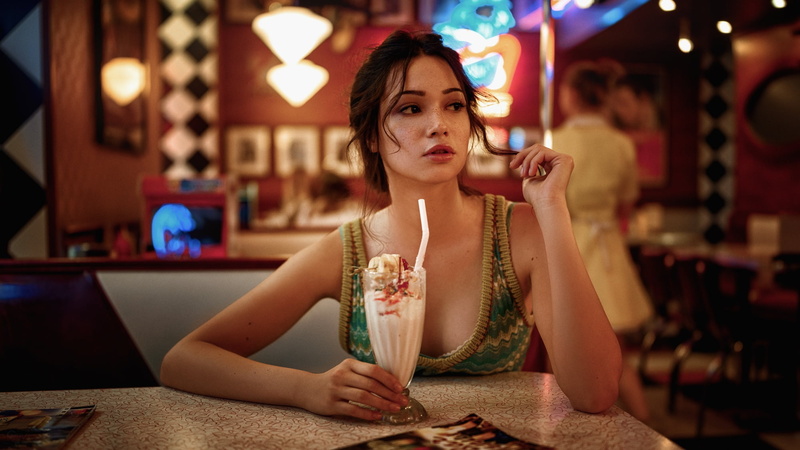women indoors, ice cream, brunette, cleavage, looking away, 1080P, depth of field, Mariya Volokh, touching hair, women, Georgy Chernyadyev, freckles, restaurant