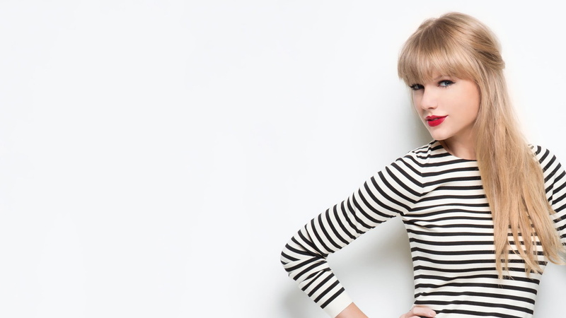 looking at camera, hairstyle, young adult, white background, hands on hips, striped, beauty, women, 1080P, blonde, studio shot, striped clothing, waist up