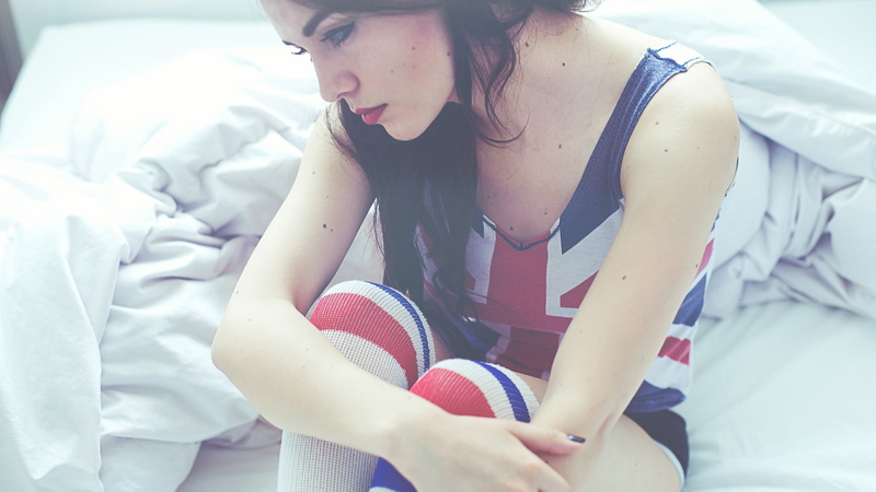 woman, brunette, UK, clothing, casual clothing, day, looking, top - garment, beautiful woman, young adult, young women, real people, sitting, bed, front view