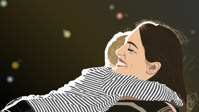lifestyles, parent, cheerful, hugging, indoors, women, mom and child, child, illustration, eternal, hair, happy, young, happiness, sitting, striped, one person