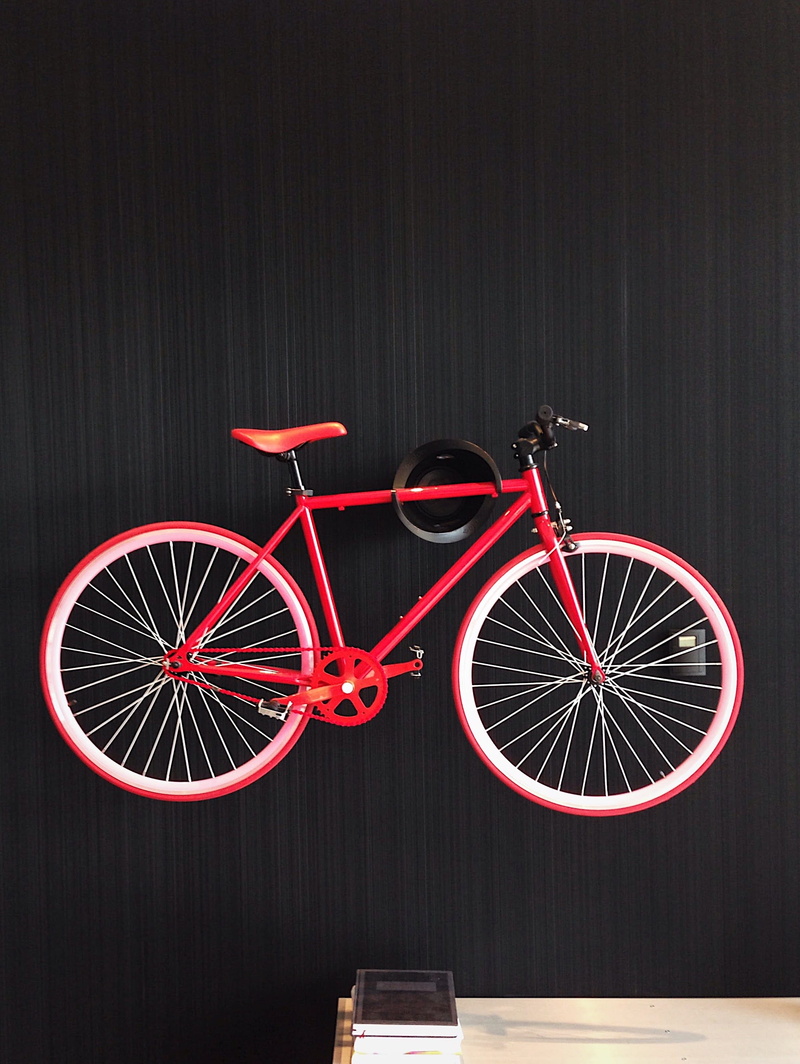 red, no people, wood - material, netherland, decor, built structure, indoors, rotterdam, fixed, tire, close-up, bicycle, land vehicle, mode of transportation