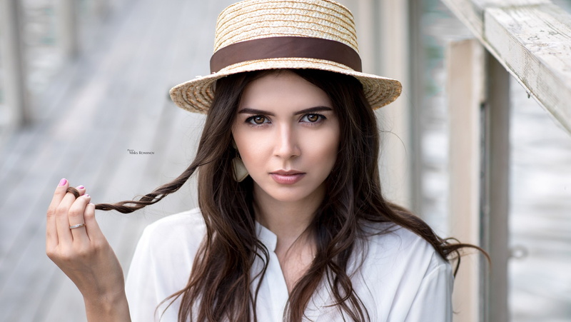 looking at viewer, mouth, brunette, Maxim Romanov, girl, shirt, photo, close up, depth of field, model, hat, 2K, portrait, face, looking at camera, brown eyes
