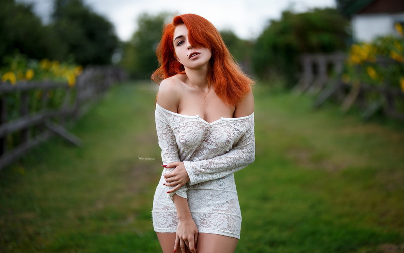 pose, Maxim Romanov, Maks Romanov, red, look, girl, neckline, 2K, dress, redhead