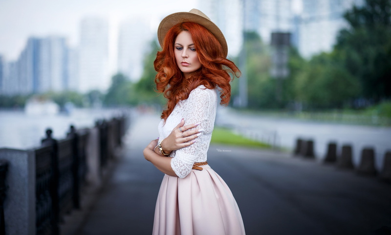 dress, 2K, red, hat, Maxim Romanov, girl
