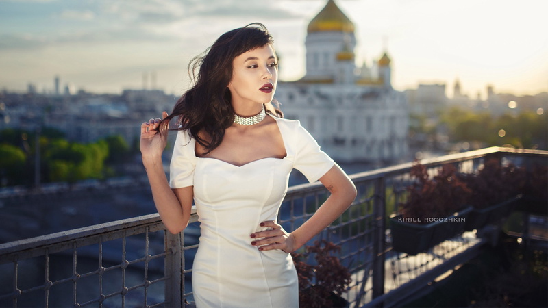 model, women, red lipstick, cityscape, painted nails, purple lipstick, 2K, white, Kirill Rogozhkin, necklace