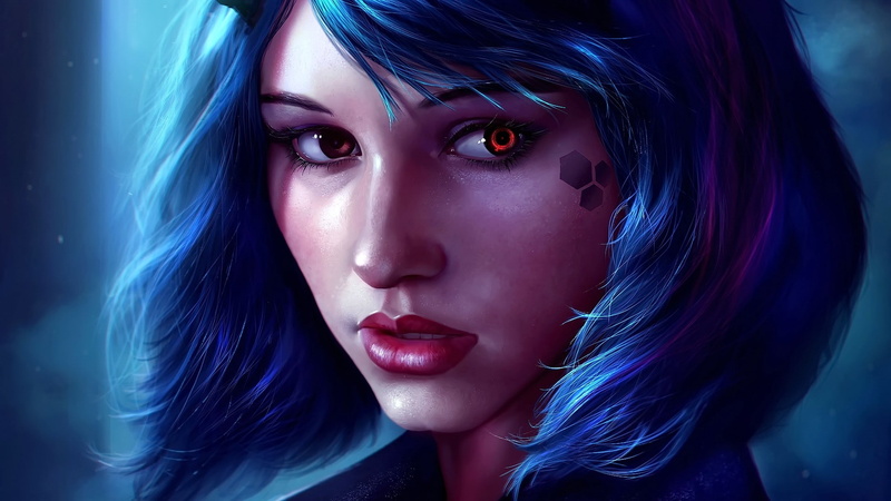 beautiful woman, human body part, contemplation, fashion, looking away, indoors, beauty, lipstick, hair, looking at camera, headshot, women, blue hair
