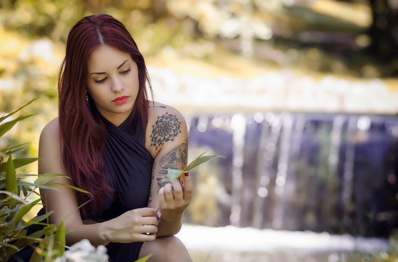 model, nature, red lipstick, leaves, waterfall, 1080P, redhead, long hair, women outdoors, black dress, bare shoulders, women, tattoo, purple hair