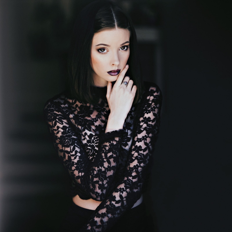 women, rings, black hair, 720P, looking at viewer, hair, brunette, model, lipstick, black dress, purple