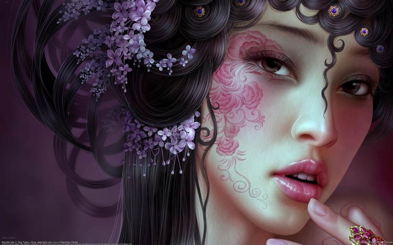 long hair, mouth open, jewelry, flowers, human face, digital art, young adult, women, headshot, fantasy art, make-up, beauty, indoors, body part, hairstyle