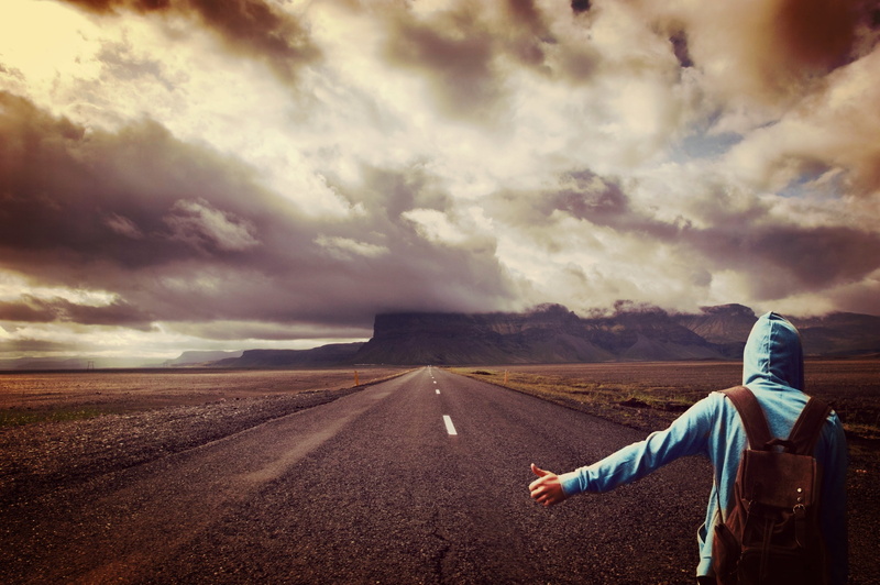 on the go, road, gray, backpack, highway, loneliness, man, pavemnet, human, sky, cloud - sky, clothing, blue, one person, lonely, hoodie, clouds, nature