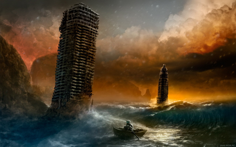 art, no people, wave, tower, beauty in nature, building, ruins, illustration, boat, sky, nature, sea, transportation, skyscraper, water, gas mask, waterfront