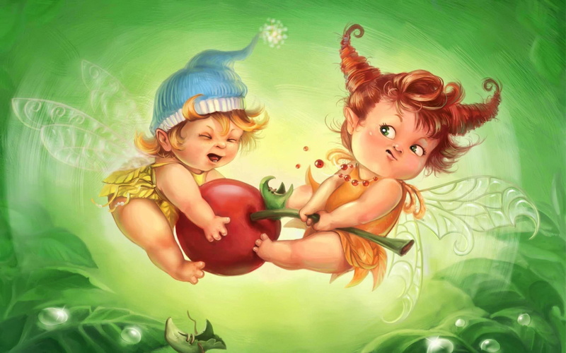cherries, children, drawing, fighting, fairy, child, illustration, wing, pulling, fairies, 2560x1600, cherry, artistic, 2K