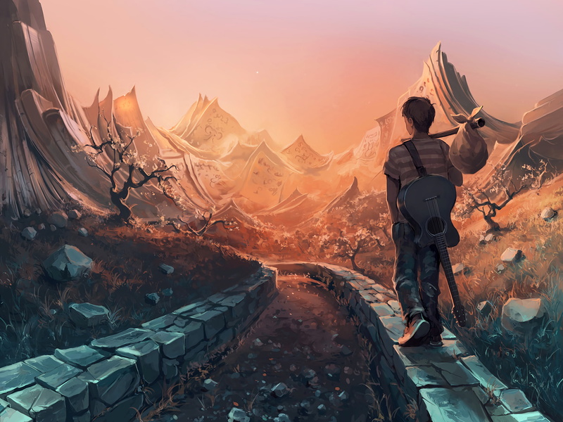 Others, lonely boy, traveling, 2K, artwork, mountains, path, instrument