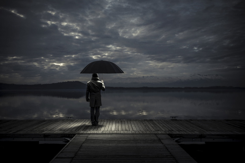 black, man, concepts, males, nature, suit, loneliness, umbrella, lake, leisure activity, storm, outdoors, cloudscape, tranquil Scene, sky, full length