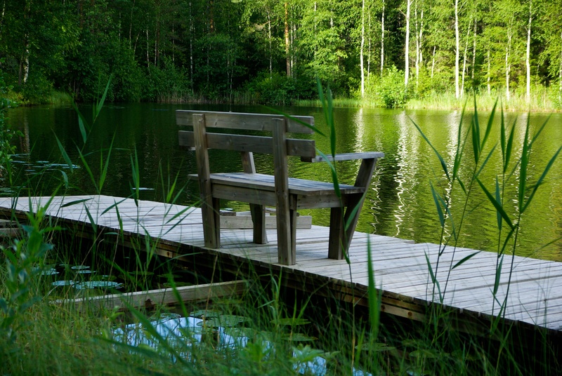daytime, green Color, outdoors, 4K, water, bench, plant, gray, beauty in nature, no people, photo, solitude, landscape, tranquil Scene, finland, grass