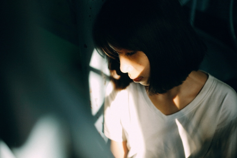 woman, looking down, neck, depression - sadness, wearing, indoors, emotional stress, contemplation, v, people, white, headshot, despair, looking, only women