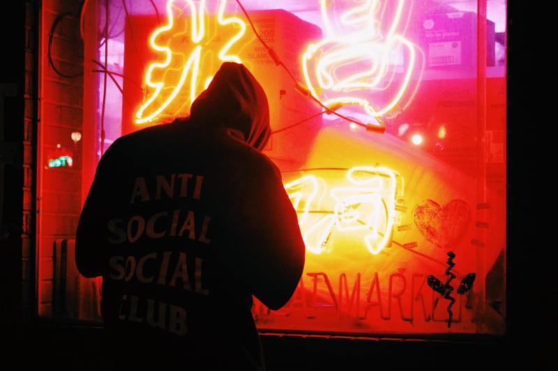 chinese, occupation, looking, text, red, illuminated, store, urban, rear view, nightlife, lighting, standing, hoodie, adult, city, silhouette, one person
