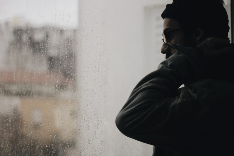 looking out window, beard, glass, tattooed man, hand tattoo, 5K, standing, man, outside, window, glasses, men, looking through window, one person, depression - sadness