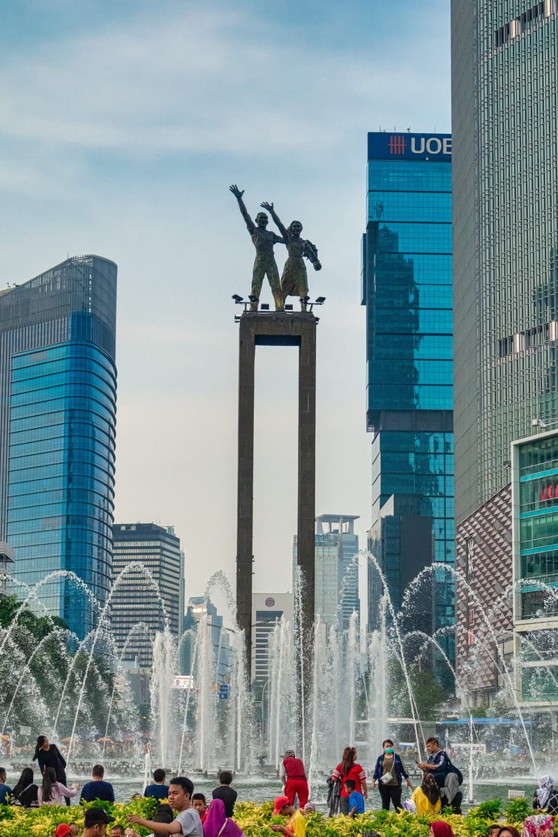 downtown, office building exterior, tourists, skyscrapers, building exterior, 4K, indonesia, skyline, business, tall, crowd, art and craft, water, building