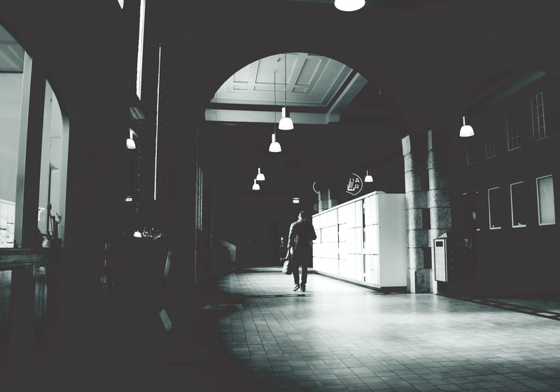 arches, lifestyles, day, floor, people, architectural column, building, adults only, male, leave, arcade, arch, grayscale, 5K, two people, flooring, lights
