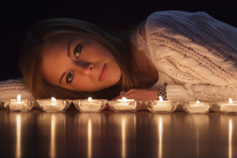 candle, beautiful woman, one person, indoors, portrait, beauty, white sweater, depression - sadness, 1080P, white clothing, contemplation, grief, face